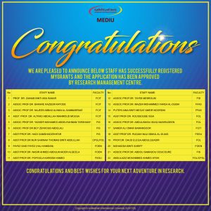 Tahniah kepada penyelidik yang telah mendaftar di MyGRANTS dan permohonannya telah diluluskan oleh RMC.